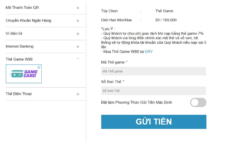 Giao dịch bằng cách nạp thẻ game W88