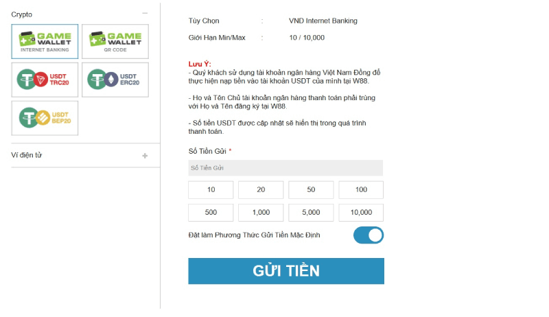 Giao dịch bằng tiền điện tử W88